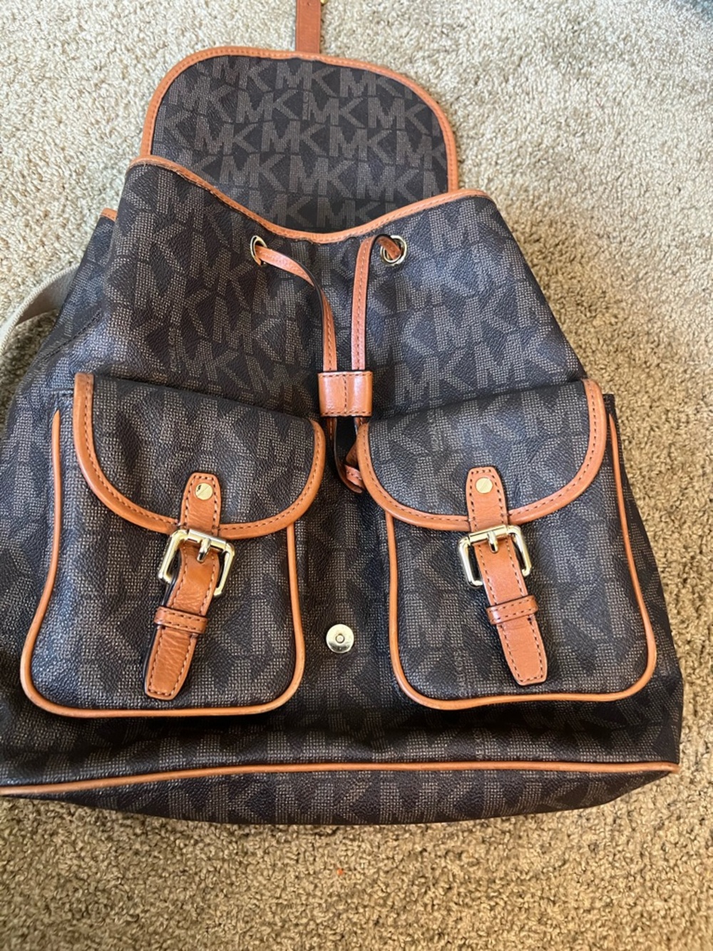 Michael Kors Brown Monogram Backpack with Tan Trim